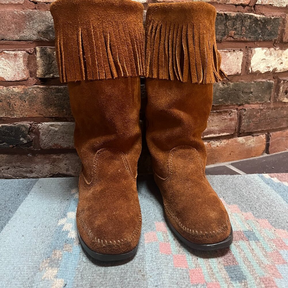 Minnetonka Soft Suede Leather Fringe Boots, Brown, Sz 8